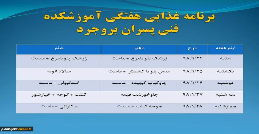 برنامه غذایی هفتگی دانشجویان