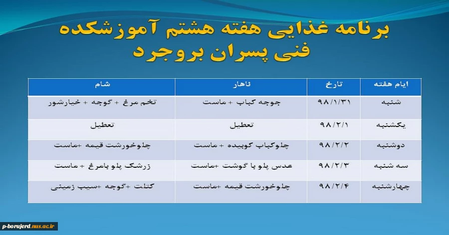 برنامه غذایی هفته هشتم دانشجویان