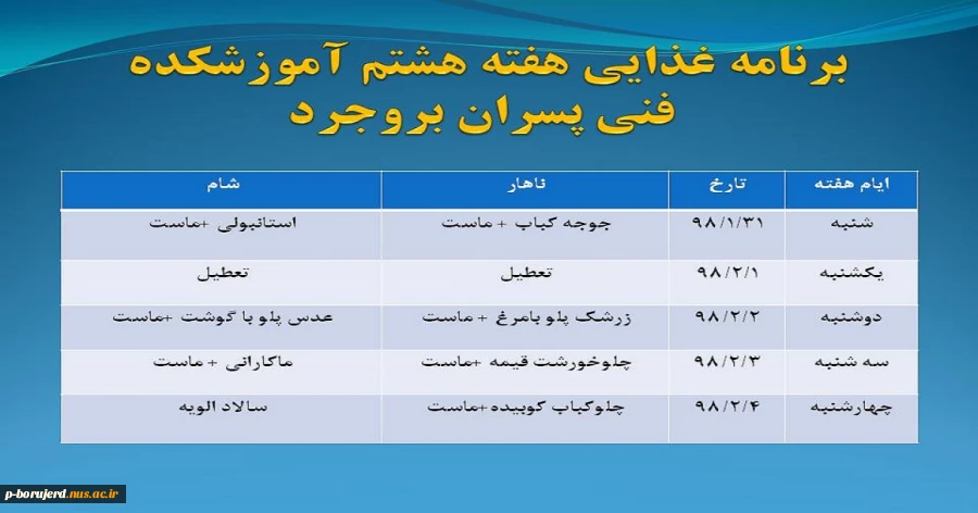 برنامه غذایی هفته هشتم دانشجویان