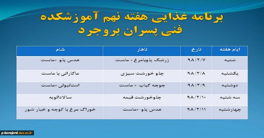 برنامه غذایی هفته نهــــــم آموزشکده فنی پسران بروجرد