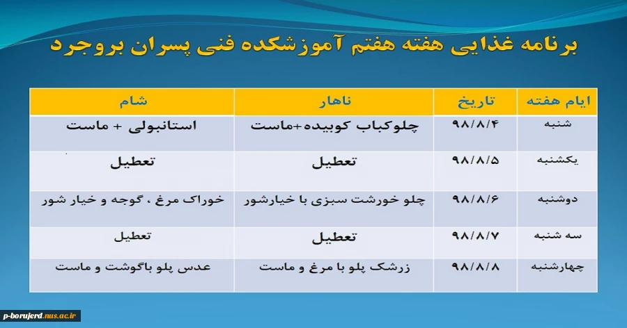 برنامه غذایی هفته هفتم آموزشکده فنی و حرفه ای پسران بروجرد 2