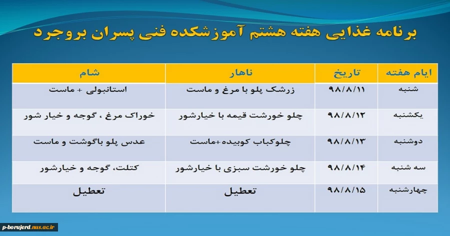 برنامه غذایی هفته هشتم آموزشکده فنی و حرفه ای پسران بروجرد 2