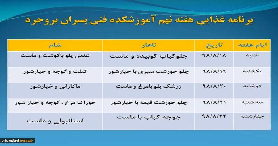 برنامه غذایی هفته نهم آموزشکده فنی و حرفه ای پسران بروجرد 2