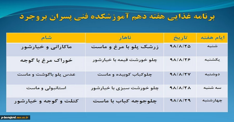 برنامه غذایی هفته دهم آموزشکده فنی و حرفه ای پسران بروجرد 2