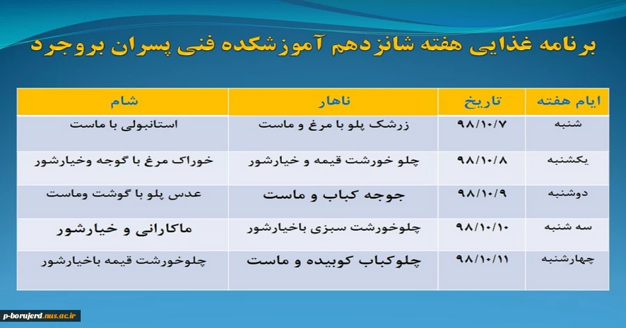 برنامه غذایی هفته شانزدهم آموزشکده فنی و حرفه ای پسران بروجرد 2