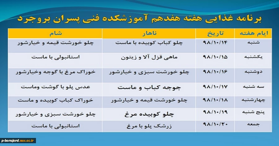 برنامه غذایی هفته هفدهم آموزشکده فنی و حرفه ای پسرا ن بروجرد 2