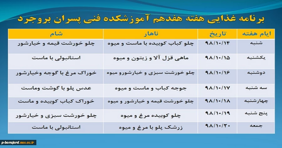 برنامه غذایی هفته هفدهم آموزشکده فنی و حرفه ای پسرا ن بروجرد 2