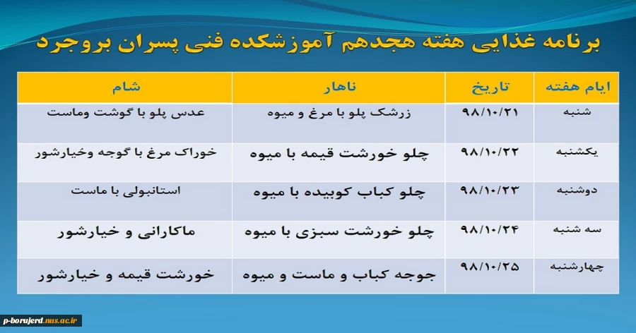 برنامه غذایی هفته هجدهم آموزشکده فنی و حرفه ای پسران بروجرد 2