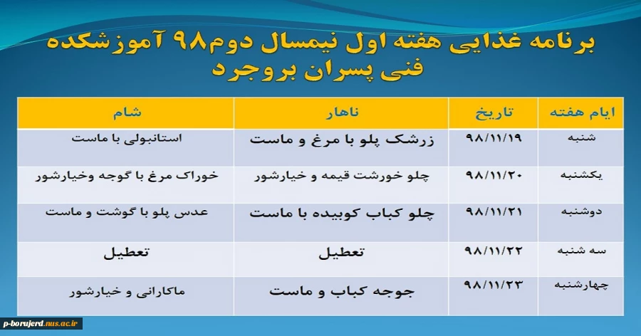 برنامه غذایی هفته اول نیمسال دوم تحصیلی 98 آموزشکده فنی پسران بروجرد 2